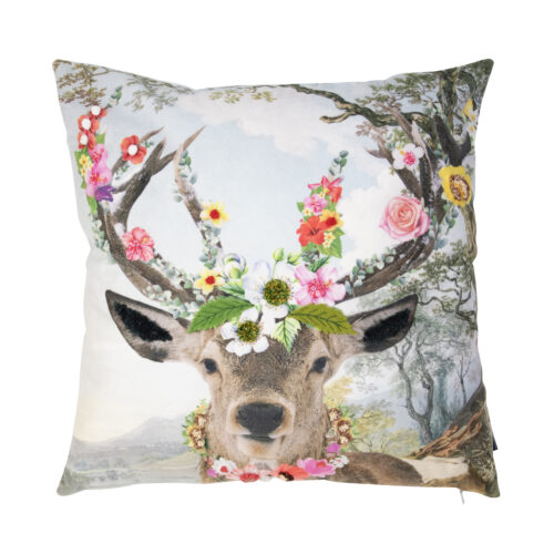 Käsinkoristeltu sisustustyyny 45x45, kevätpeura